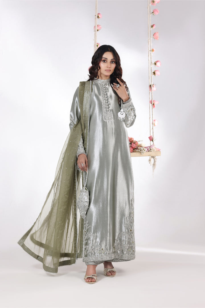 Olive Green Lama silk long shirt 3pc - FW-35