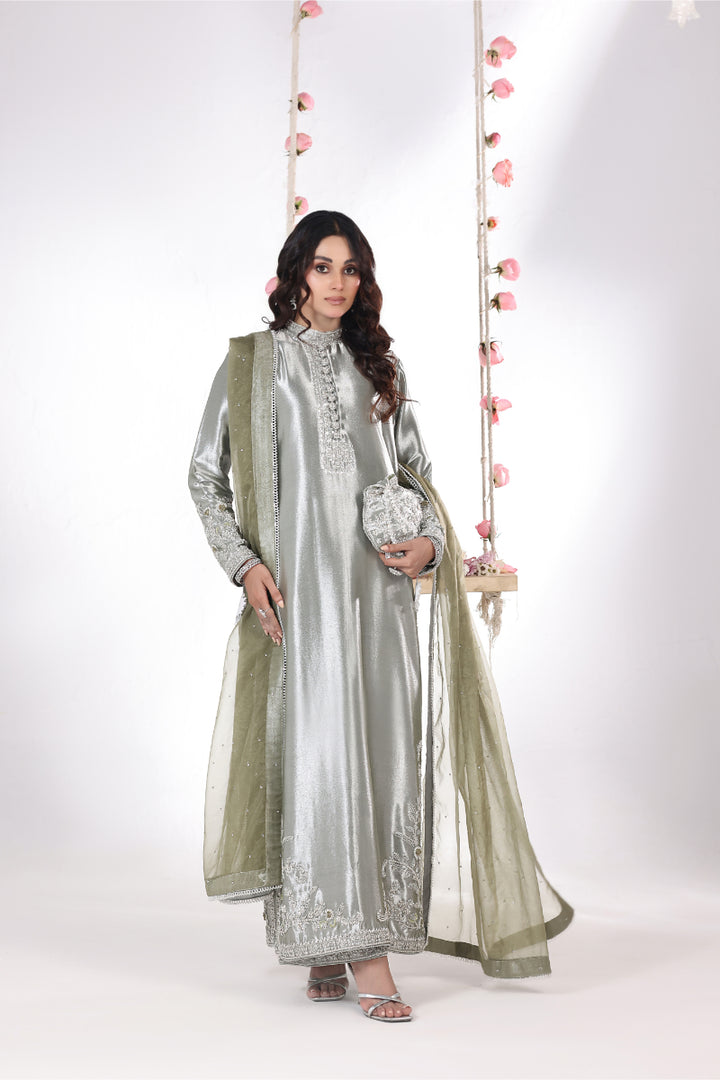 Olive Green Lama silk long shirt 3pc - FW-35