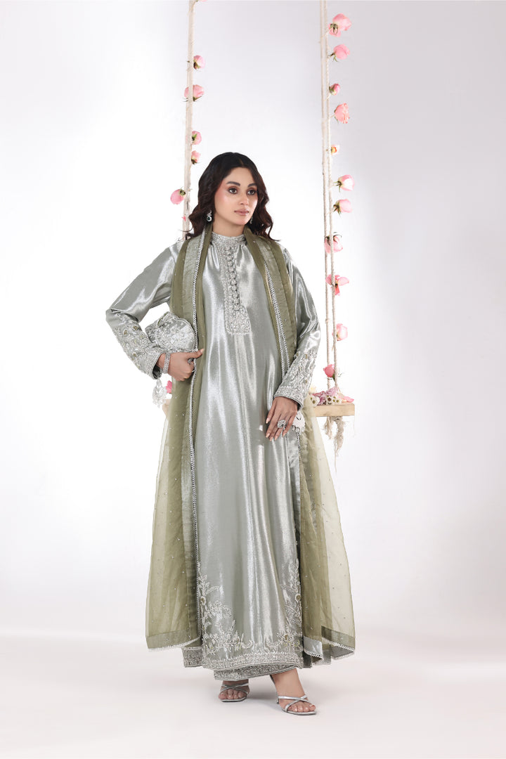 Olive Green Lama silk long shirt 3pc - FW-35